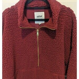 Aerie Y2K Baggy Big Sherpa Burgundy Pullover 1/2 Teddy Fleece Jacket Size Large
